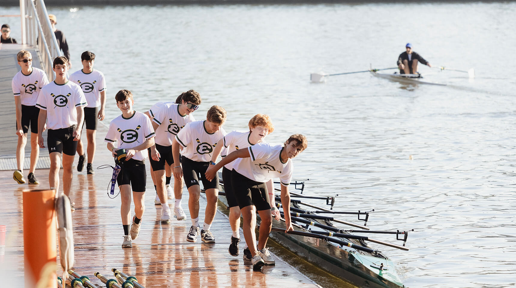 members of the st. edward high school rowing team at the head of the cuyahoga regatta